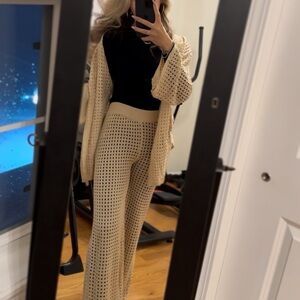 Cream Knit Rachel Paige NWT Mesh matching set bell bottom flare hooded cardigan